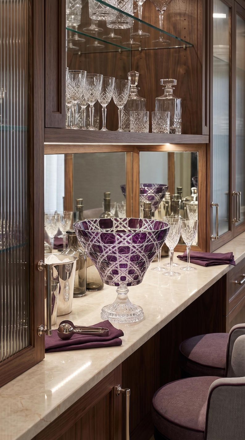 May include: A large, deep purple cut crystal bowl with a clear glass pedestal base, featuring an intricate geometric cross-hatch pattern. The bowl sits on a light-colored countertop, surrounded by clear crystal glassware and a silver ice bucket.