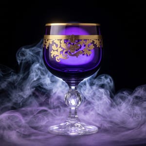 May include: A deep purple glass goblet featuring a gold filigree band around the upper rim and a clear, faceted crystal stem. The vessel is surrounded by swirling purple and white smoke against a solid black background, highlighting the glass.
