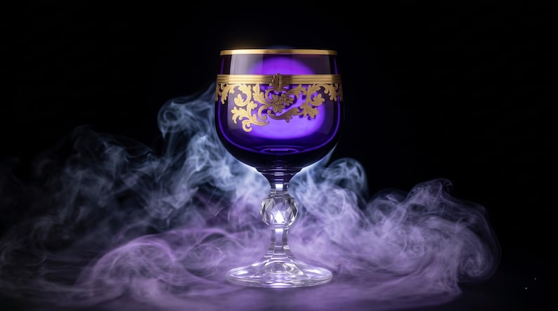 May include: A deep purple glass goblet featuring a gold filigree band around the upper rim and a clear, faceted crystal stem. The vessel is surrounded by swirling purple and white smoke against a solid black background, highlighting the glass.