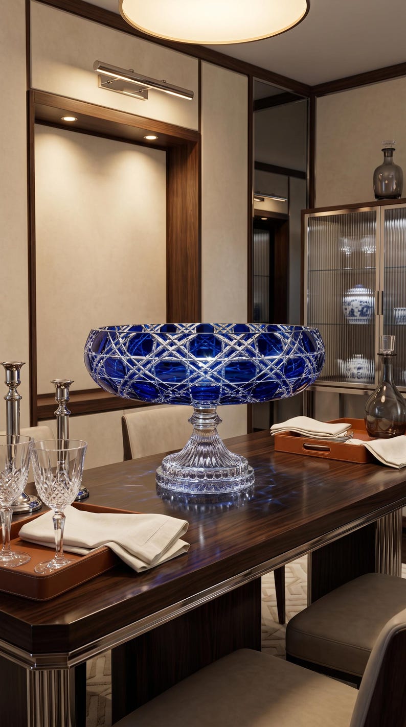 May include: A large, deep, cobalt blue crystal bowl featuring an intricate diamond-cut pattern on its exterior. The bowl is supported by a clear, pedestal-style base with a fluted design, creating a striking contrast between the blue and clear glass.