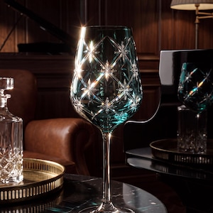 May include: A teal-colored glass goblet featuring a deep-cut diamond and star pattern across the bowl. The stem is clear and slender, leading to a wide, circular base. The glass reflects light, highlighting the intricate geometric facets.