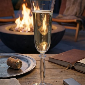 May include: A tall champagne flute filled with bubbly liquid stands on a wooden table. A silver tray with a cork and a book are nearby. A fire pit with flames and chairs are in the background, creating a cozy outdoor setting.