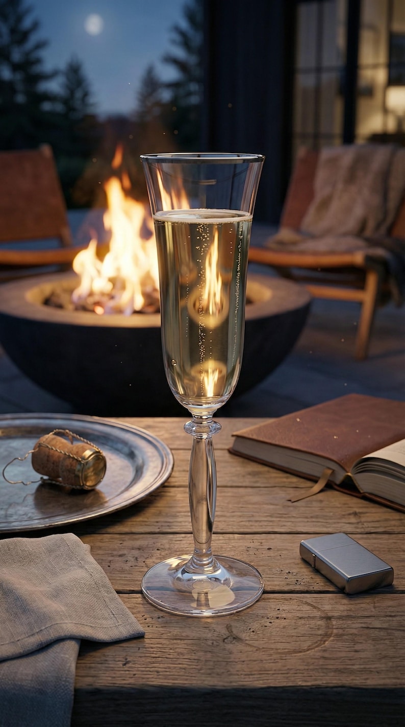 May include: A tall champagne flute filled with bubbly liquid stands on a wooden table. A silver tray with a cork and a book are nearby. A fire pit with flames and chairs are in the background, creating a cozy outdoor setting.