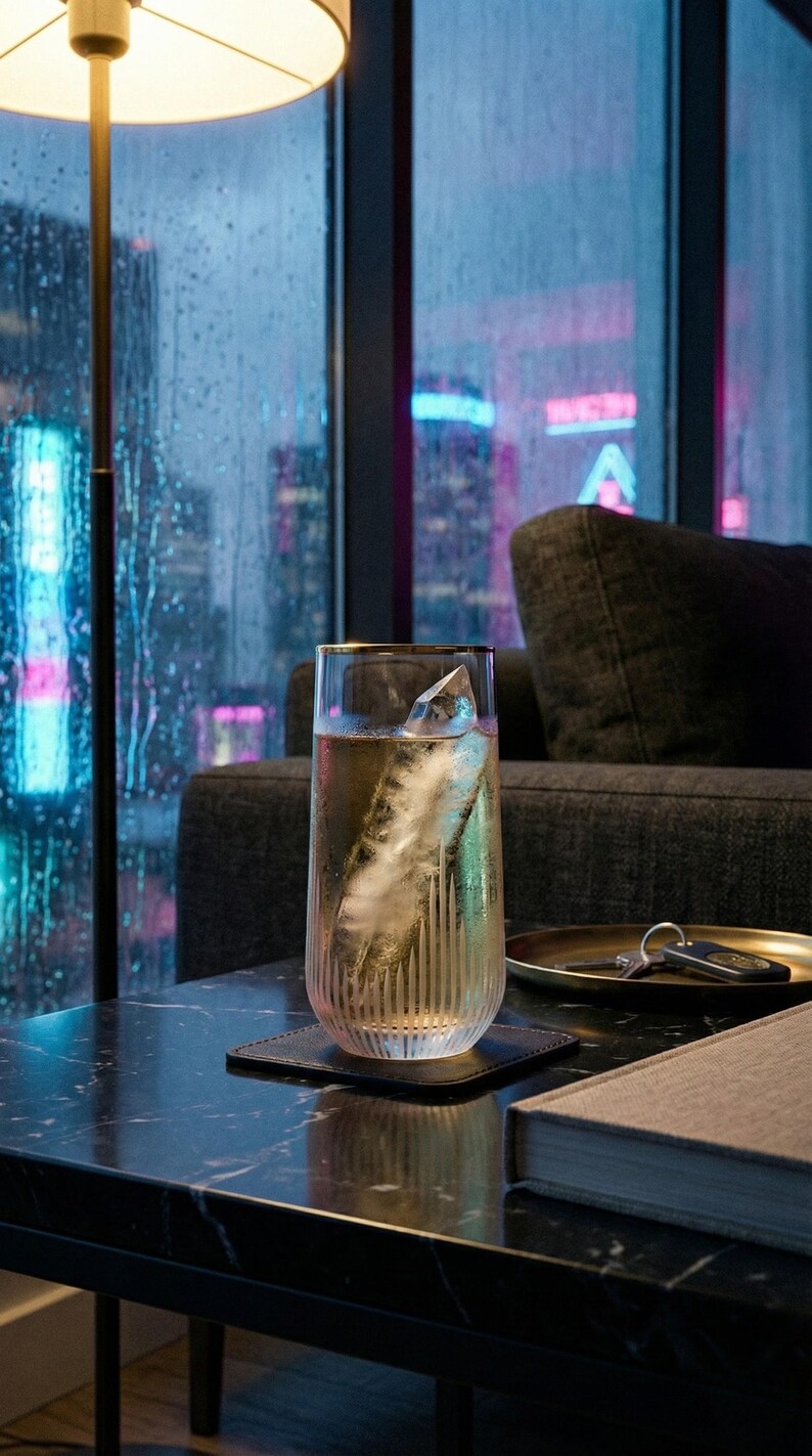 May include: A tall, clear glass with a gold rim, filled with a light-colored beverage and a large ice cube. The glass sits on a black coaster on a black marble table. The background shows a city skyline at night.