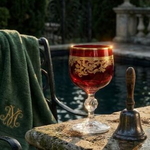 May include: A deep red glass goblet featuring an intricate gold filigree pattern around the bowl and a gold rim. The goblet has a clear, faceted stem and base. Beside it sits a small, weathered metal hand bell with a wooden handle.