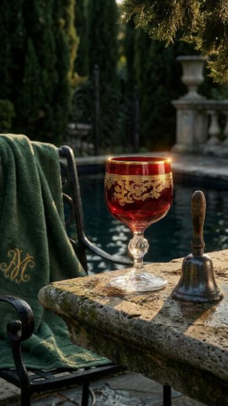 May include: A deep red glass goblet featuring an intricate gold filigree pattern around the bowl and a gold rim. The goblet has a clear, faceted stem and base. Beside it sits a small, weathered metal hand bell with a wooden handle.