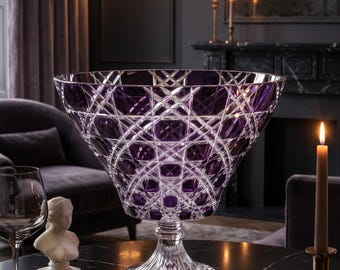 Cut to Clear Crystal Pedestal Bowl | Purple Glass Bowl | Footed Compote Centerpiece Fruit Dish | Verdura Violet Bohemian Decorative Bowl