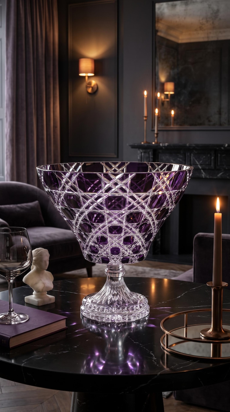 May include: A large, deep purple crystal bowl featuring an intricate cross-hatched cut glass pattern. The bowl sits on a clear, faceted pedestal base with a scalloped edge, showcasing a reflective surface and deep violet hues throughout the glass.
