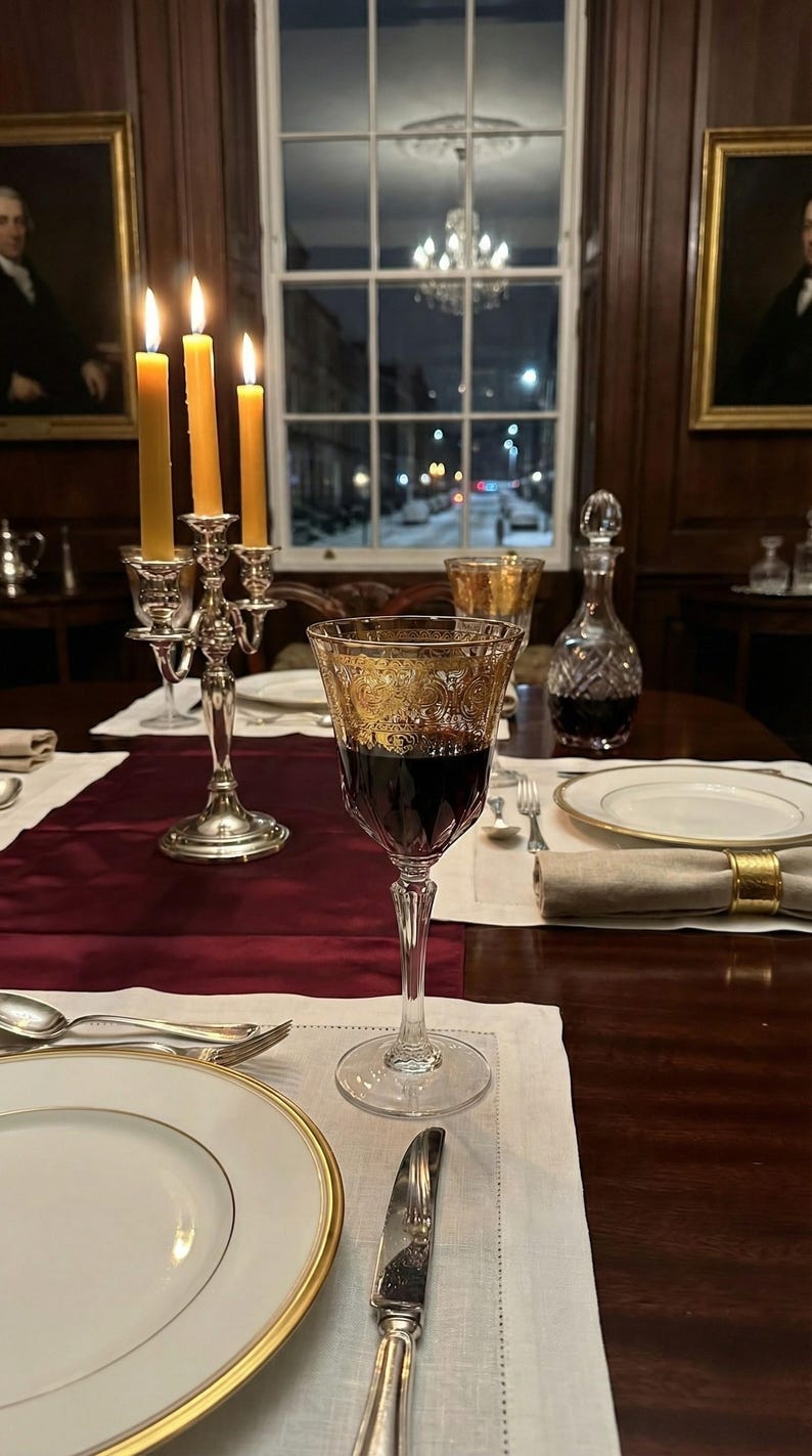K&ouml;nnte beinhalten: Elegante Tischdekoration mit brennendem Kerzenleuchter, Weingl&auml;sern und einer Karaffe. Das Weinglas hat ein goldenes Filigranmuster. Ein weinroter Tischl&auml;ufer und wei&szlig;e Teller mit Goldrand vervollst&auml;ndigen die Szene. Ein verschneite Stra&szlig;e ist zu sehen.