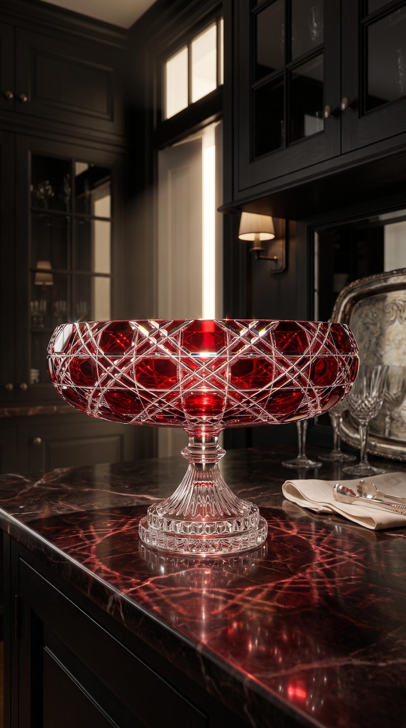 May include: A large, deep red crystal bowl with a wide, circular rim and a complex, diamond-cut geometric pattern. The bowl is supported by a clear, fluted pedestal base with a thick, circular foot featuring intricate, pressed glass detailing.
