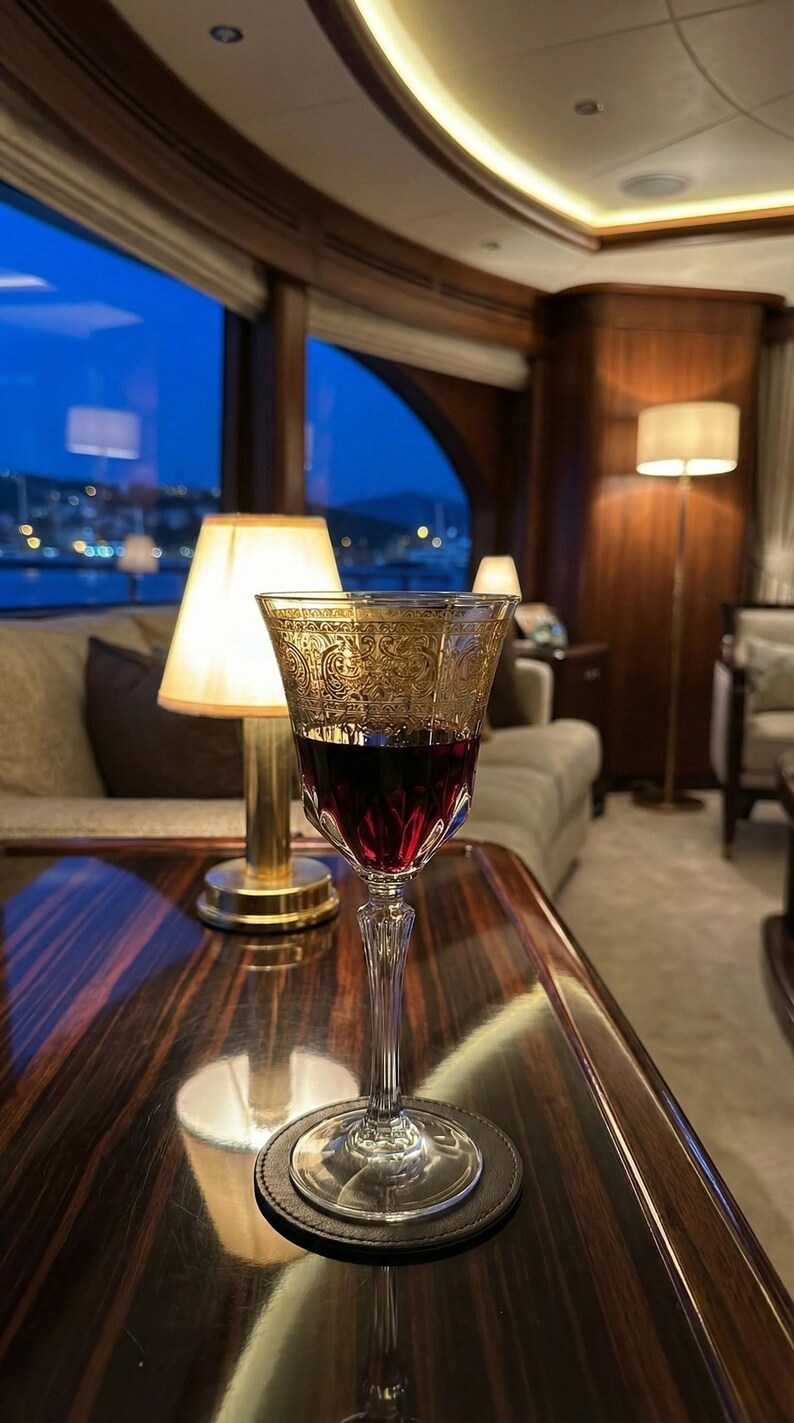 K&ouml;nnte beinhalten: Ein Weinglas mit rotem Wein, verziert mit einem goldenen Muster am oberen Rand. Das Glas steht auf einem dunklen Untersetzer auf einer polierten Holzoberfl&auml;che. Im Hintergrund eine Lampe und eine Aussicht auf den Nachthimmel.