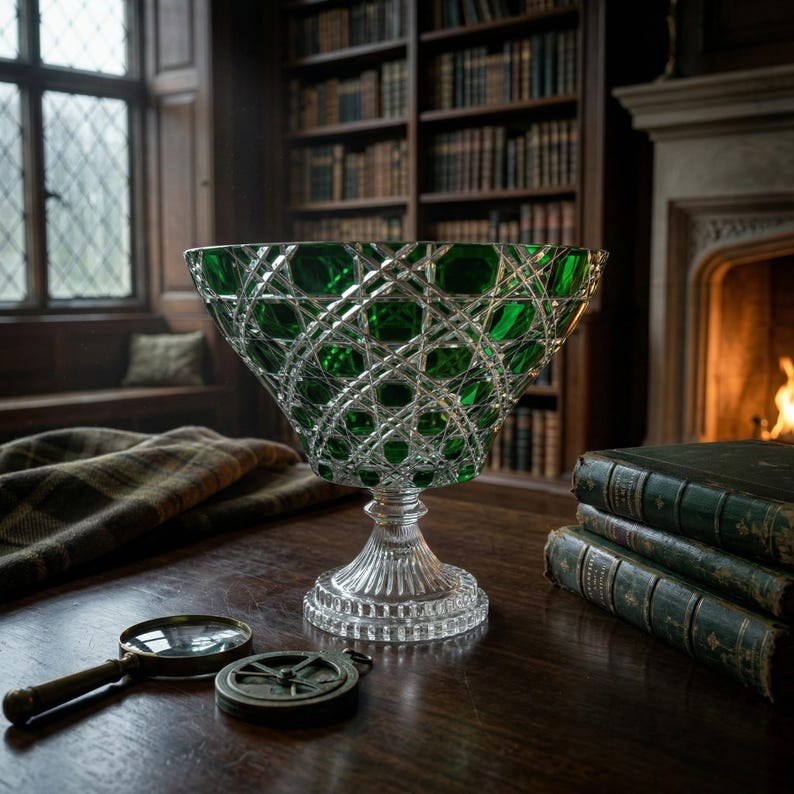 May include: A large, emerald green crystal bowl with a diamond-cut pattern, set on a clear, ornate pedestal. The bowl sits on a dark wooden table with a magnifying glass, compass, and antique books. The background features a fireplace and a library.