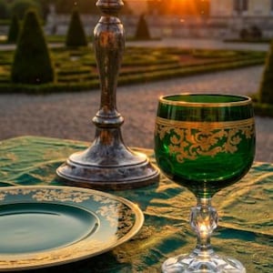 May include: A green glass goblet with gold filigree detailing, a matching green plate with a gold rim, and a silver candelabra. The items are arranged on a green fabric tablecloth featuring an intricate gold embroidered pattern.