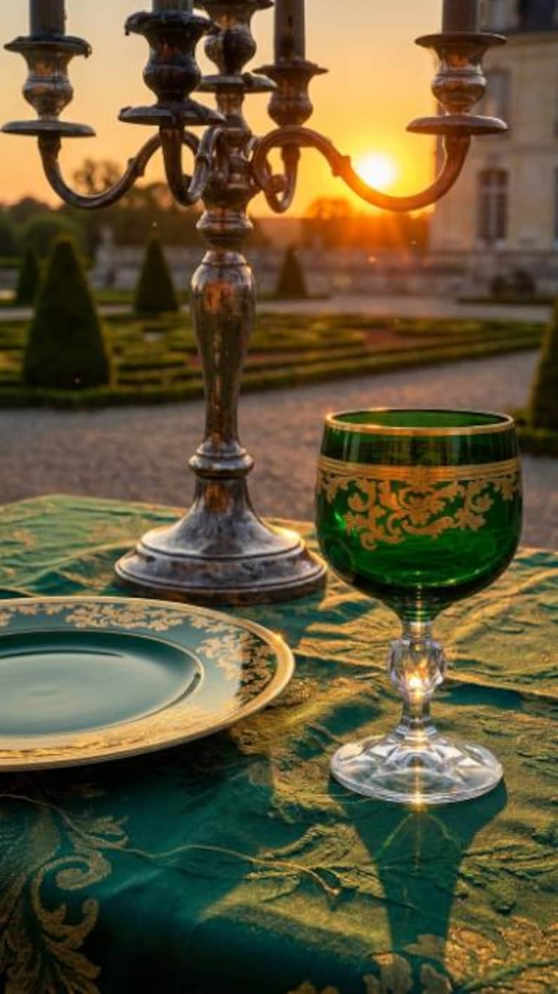 May include: A green glass goblet with gold filigree detailing, a matching green plate with a gold rim, and a silver candelabra. The items are arranged on a green fabric tablecloth featuring an intricate gold embroidered pattern.