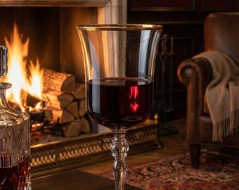 May include: A stemmed wine glass with a gold rim filled with red wine sits on a black marble coaster. A decanter, matches, and a cigar cutter are on the table. A fireplace with a burning fire is in the background.