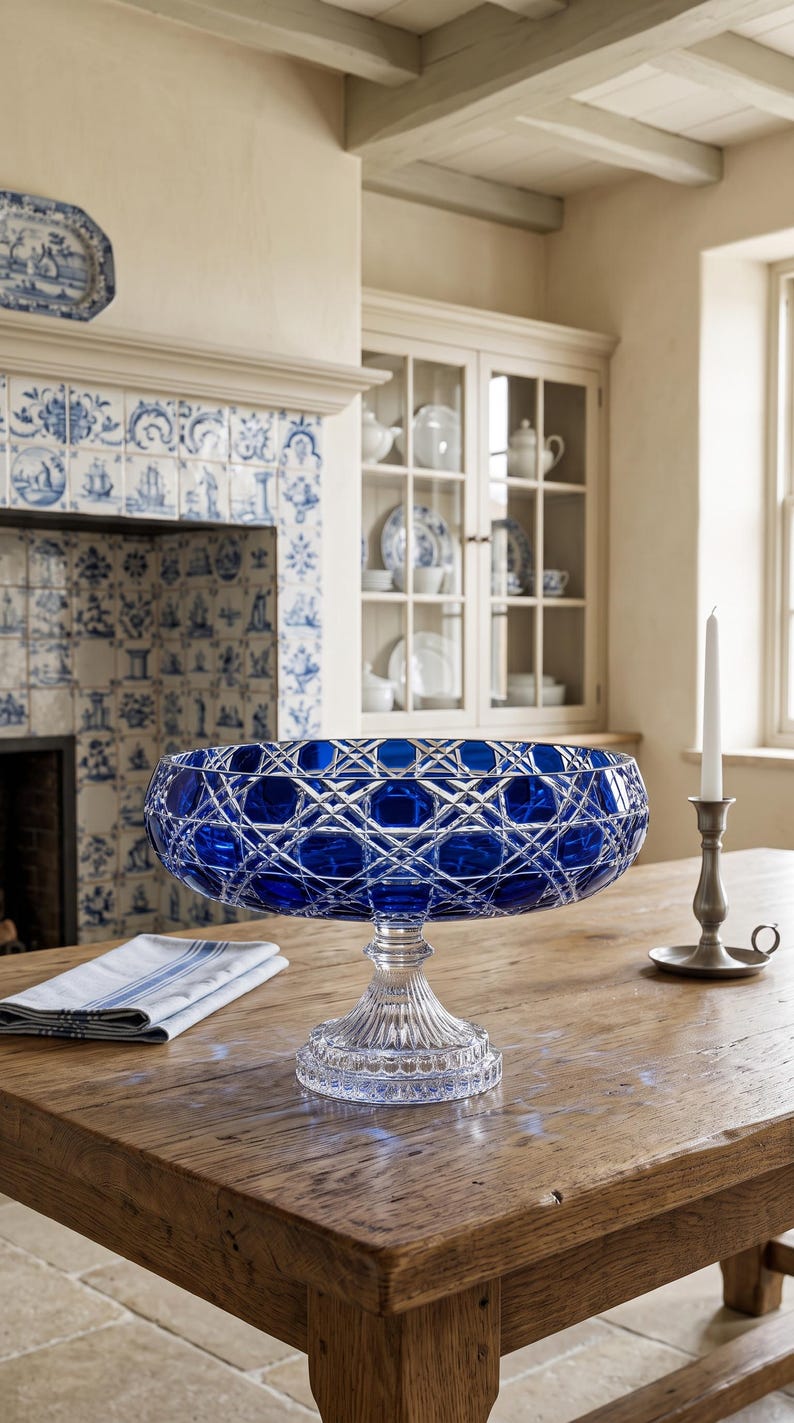 May include: A large, deep cobalt blue glass bowl with a complex, diamond-cut geometric pattern on the exterior. The bowl is supported by a clear, fluted glass pedestal base that features a circular, scalloped edge at the very bottom.