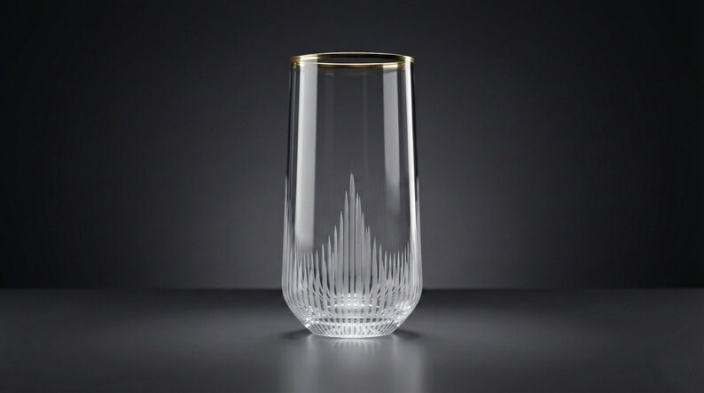 May include: A tall, clear glass with a gold rim. The glass features vertical etched lines at the bottom, creating a decorative pattern. The elegant design is suitable for serving beverages.