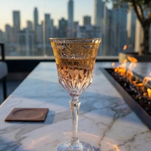 K&ouml;nnte beinhalten: Ein Kristall-Weinglas mit goldenem Rand, gef&uuml;llt mit einer hellrosa Fl&uuml;ssigkeit, steht auf einem Marmortisch. Das Glas steht im Mittelpunkt, mit einer verschwommenen Skyline im Hintergrund. Zwei braune quadratische Untersetzer sind ebenfalls zu sehen.
