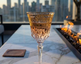 Majora Goblet (Wine Glass) | Lead-Free Crystal with Ornate Gold Detailing | Luxury Table & Bar | Wedding Toast Gift, Hostess Present