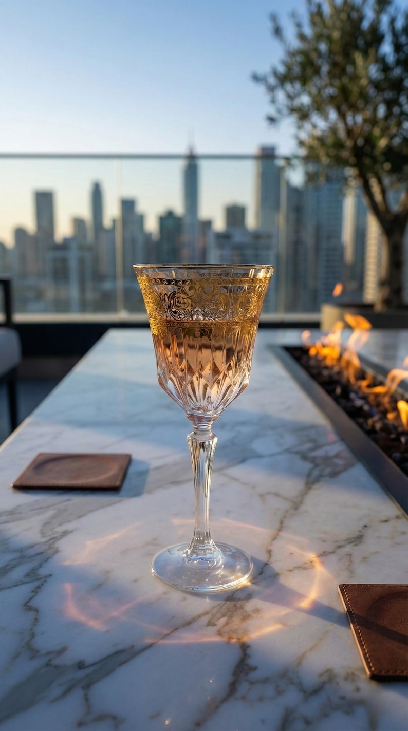 K&ouml;nnte beinhalten: Ein Kristall-Weinglas mit goldenem Rand, gef&uuml;llt mit einer hellrosa Fl&uuml;ssigkeit, steht auf einem Marmortisch. Das Glas steht im Mittelpunkt, mit einer verschwommenen Skyline im Hintergrund. Zwei braune quadratische Untersetzer sind ebenfalls zu sehen.