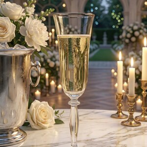 May include: A flute of champagne with bubbles, set on a marble table. A silver ice bucket with roses and candles are in the background, creating a celebratory atmosphere. The scene is set in a luxurious, well-lit space.