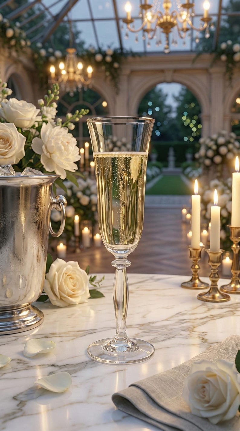 May include: A flute of champagne with bubbles, set on a marble table. A silver ice bucket with roses and candles are in the background, creating a celebratory atmosphere. The scene is set in a luxurious, well-lit space.