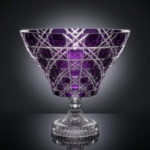 May include: A deep purple crystal bowl with a wide, flared rim and a clear, faceted pedestal base. The exterior features intricate, intersecting cut-glass patterns that create a geometric grid design across the vibrant violet surface.