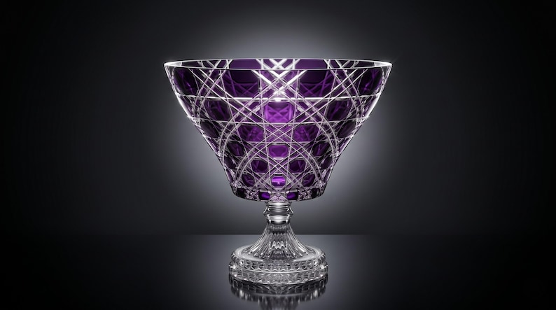 May include: A deep purple crystal bowl with a wide, flared rim and a clear, faceted pedestal base. The exterior features intricate, intersecting cut-glass patterns that create a geometric grid design across the vibrant violet surface.