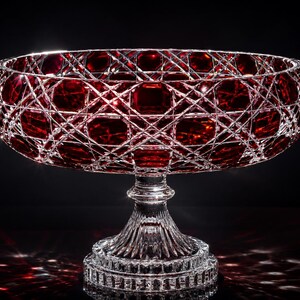 May include: A deep red crystal bowl with a clear glass pedestal base. The bowl features an intricate diamond-cut pattern across its exterior, creating a faceted appearance. The clear glass stem and circular base have vertical fluted detailing.
