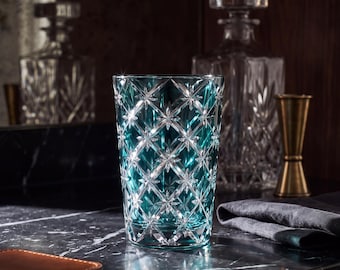 Vespera Teal Lead-Free Crystal Highball Cocktail Glass, Geometric Diamond Pattern, 250 ml
