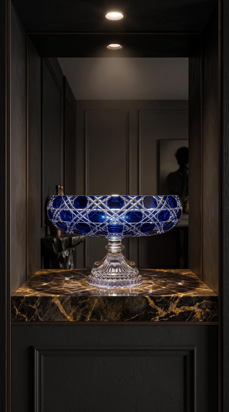 May include: A deep blue glass bowl with a wide, circular rim and a complex, intersecting diamond-cut pattern. The bowl is supported by a clear, fluted pedestal base with a scalloped edge, reflecting light through its intricate, faceted surface.