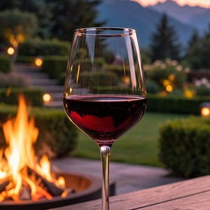 May include: A glass of red wine on a wooden table, with a fire pit and garden in the background. The sky shows a sunset over a mountain range. The wine glass is clear and the wine is red.