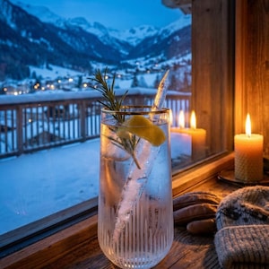 May include: A tall glass of clear liquid with ice, a lemon slice, and a sprig of rosemary, set against a snowy mountain backdrop. The glass sits on a wooden surface near lit candles and a window. A cozy winter scene.