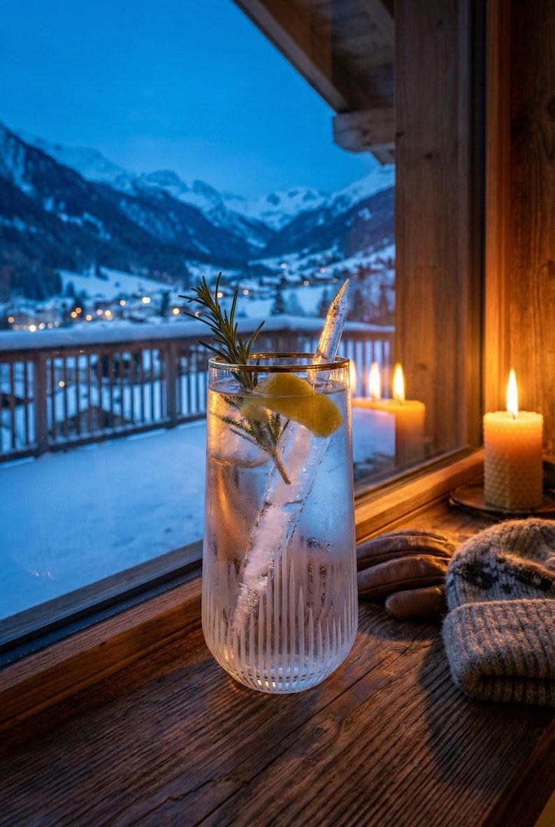 May include: A tall glass of clear liquid with ice, a lemon slice, and a sprig of rosemary, set against a snowy mountain backdrop. The glass sits on a wooden surface near lit candles and a window. A cozy winter scene.