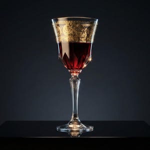 K&ouml;nnte beinhalten: Ein Weinglas, gef&uuml;llt mit roter Fl&uuml;ssigkeit, wahrscheinlich Wein, vor dunklem Hintergrund. Der Rand des Glases ist mit goldenem Filigran verziert. Das Glas steht auf einer schwarzen Oberfl&auml;che.