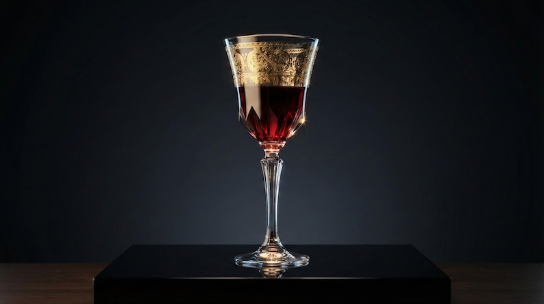 K&ouml;nnte beinhalten: Ein Weinglas, gef&uuml;llt mit roter Fl&uuml;ssigkeit, wahrscheinlich Wein, vor dunklem Hintergrund. Der Rand des Glases ist mit goldenem Filigran verziert. Das Glas steht auf einer schwarzen Oberfl&auml;che.