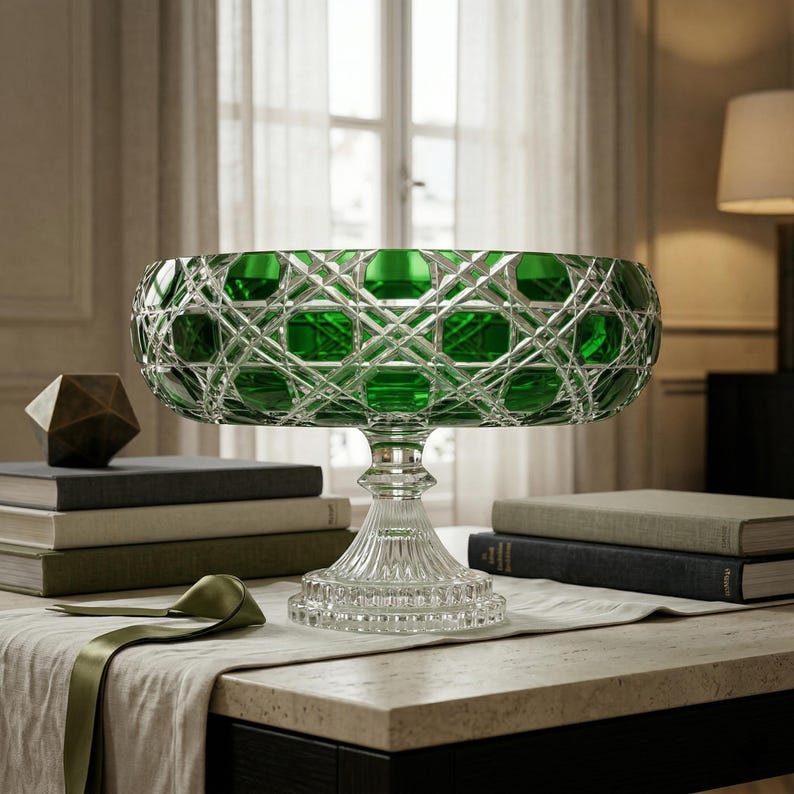 May include: A green crystal bowl with a diamond pattern sits atop a clear, ornate pedestal. The bowl is filled with a vibrant green color. The bowl is on a table with books and a decorative ribbon.