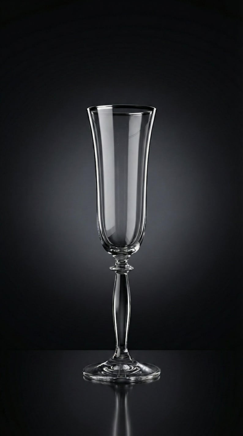 May include: A tall, clear champagne flute with a slender stem and a wide, flared bowl. The glass is made of clear glass and has a delicate, elegant design. The flute is perfect for serving sparkling wine or champagne.