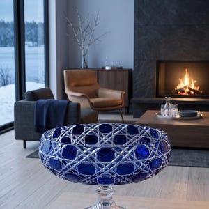 Blue Cut to Clear Crystal Pedestal Bowl | Glass Bowl | Art Glass Centerpiece Fruit Dish | Verdura Midnight Sapphire | Anniversary Gift image 4