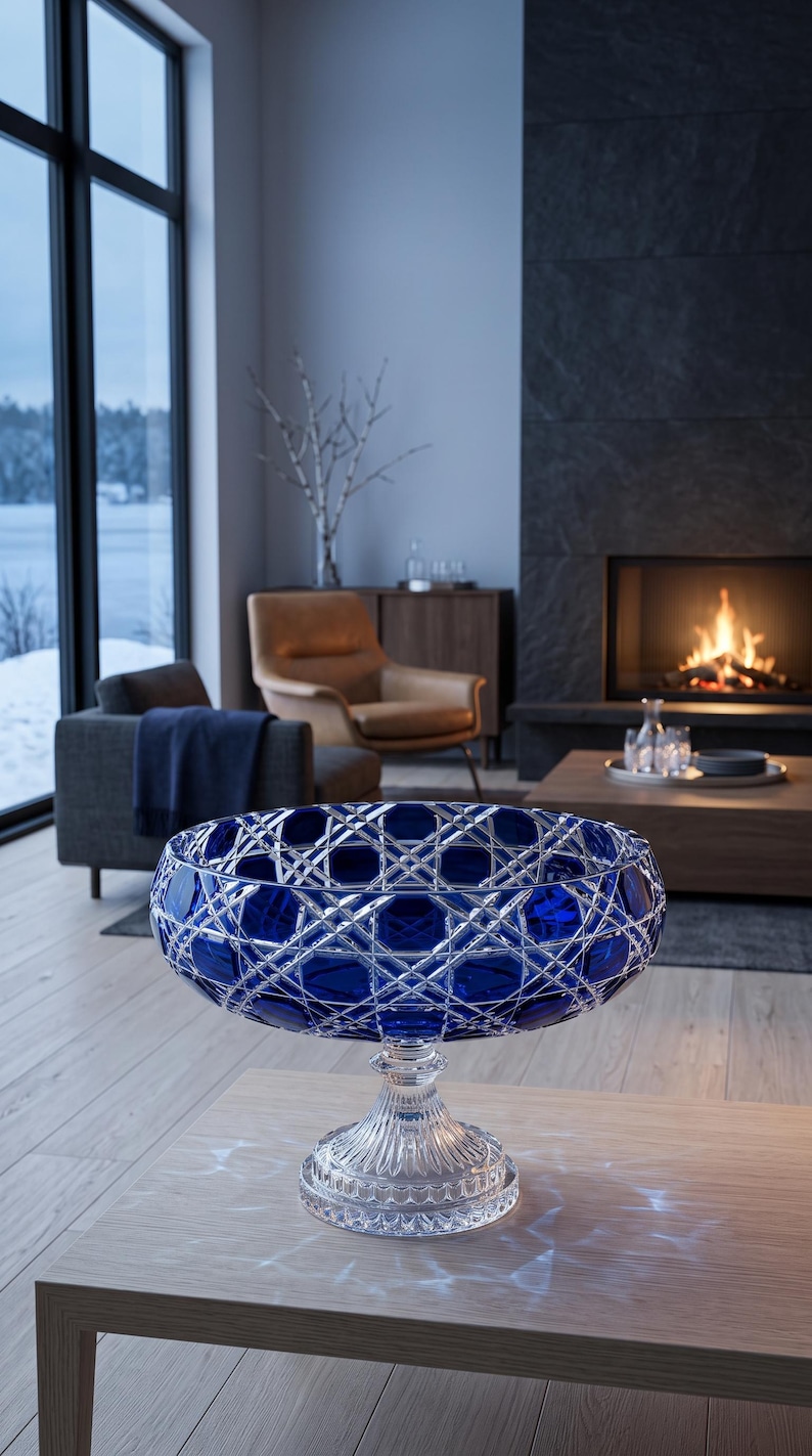 Blue Cut to Clear Crystal Pedestal Bowl | Glass Bowl | Art Glass Centerpiece Fruit Dish | Verdura Midnight Sapphire | Anniversary Gift image 4