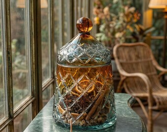 Aurivale Bonbonnière Jar (Lidded Glass Canister), Jewel-Toned Ombre, Star-Cut Lattice, Elevated Tabletop Storage