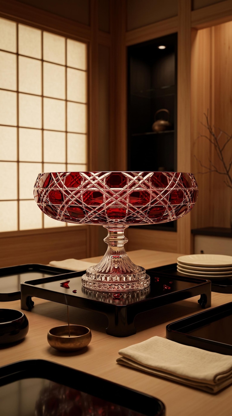 May include: A deep red cut glass pedestal bowl featuring a complex geometric cross-hatch pattern on the exterior. The bowl sits on a clear, fluted glass base with a scalloped edge, showcasing a vibrant ruby hue and reflective, faceted surfaces.