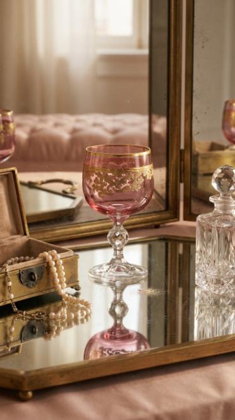 May include: A pink glass goblet featuring a gold-colored ornate leaf pattern around the rim and a clear, faceted stem. The glass is positioned on a reflective surface alongside a small brass-toned box with pearls and a clear crystal decanter.