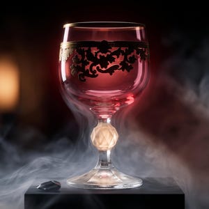 May include: A pink glass goblet featuring a gold-colored ornate floral band around the upper rim. The stem includes a faceted, clear glass bead element, and the base is circular and clear. The glass is surrounded by swirling white smoke.
