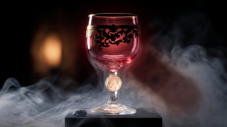 May include: A pink glass goblet featuring a gold-colored ornate floral band around the upper rim. The stem includes a faceted, clear glass bead element, and the base is circular and clear. The glass is surrounded by swirling white smoke.