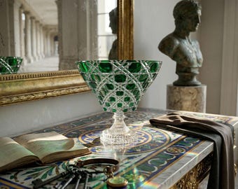 Large Emerald Green Crystal Centerpiece | Verdura Flared Footed Bowl | Deep Cut to Clear Bohemian Glass Compote
