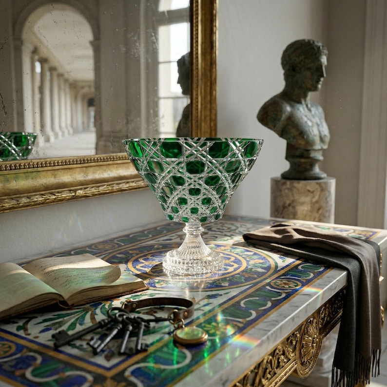 May include: A cut-glass green bowl with a diamond pattern sits on a marble table with a decorative design. The bowl is on a clear, ornate pedestal. A bust and a mirror are in the background. A book, keys, and a scarf are also on the table.
