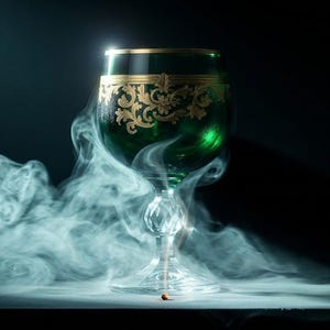 May include: A dark green glass goblet featuring a gold filigree pattern around the upper rim and a clear, faceted crystal stem and base. The goblet is surrounded by swirling white smoke against a dark, solid black background.