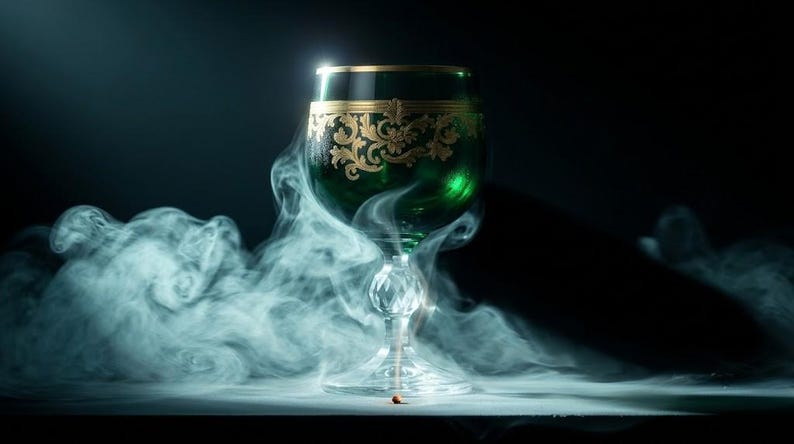 May include: A dark green glass goblet featuring a gold filigree pattern around the upper rim and a clear, faceted crystal stem and base. The goblet is surrounded by swirling white smoke against a dark, solid black background.