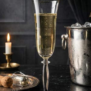 May include: A tall champagne flute filled with sparkling wine, with bubbles rising. A silver rim accents the glass. A lit candle, a silver tray with a cork and a champagne bottle bucket are in the background.